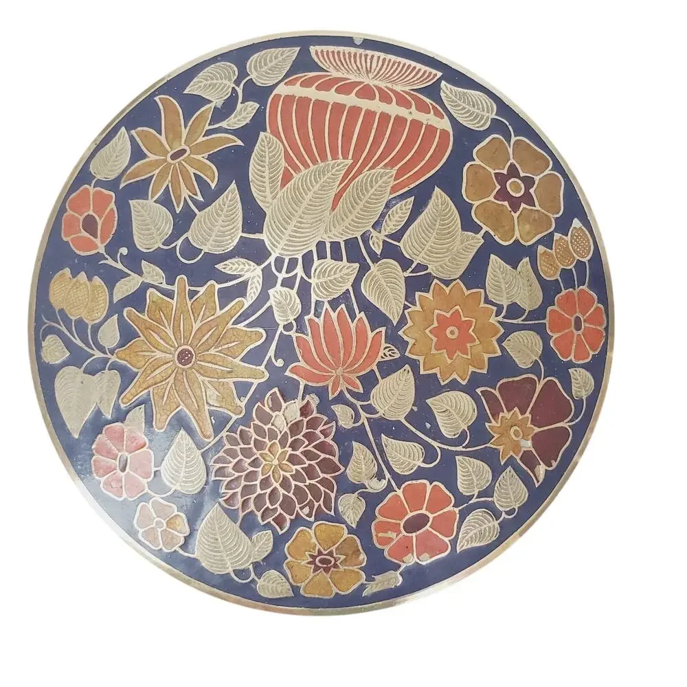 Vintage Floral Cloisonné Enamel Brass Round Lidded Trinket Box Canister Decor